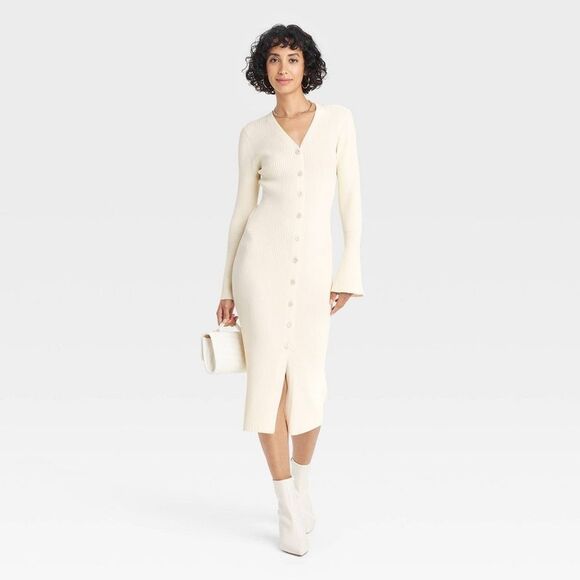 Open Box - A New Day - Women's Bell Long Sleeve Midi Sweater Dress - A Ne Cream - Picture 3 of 3